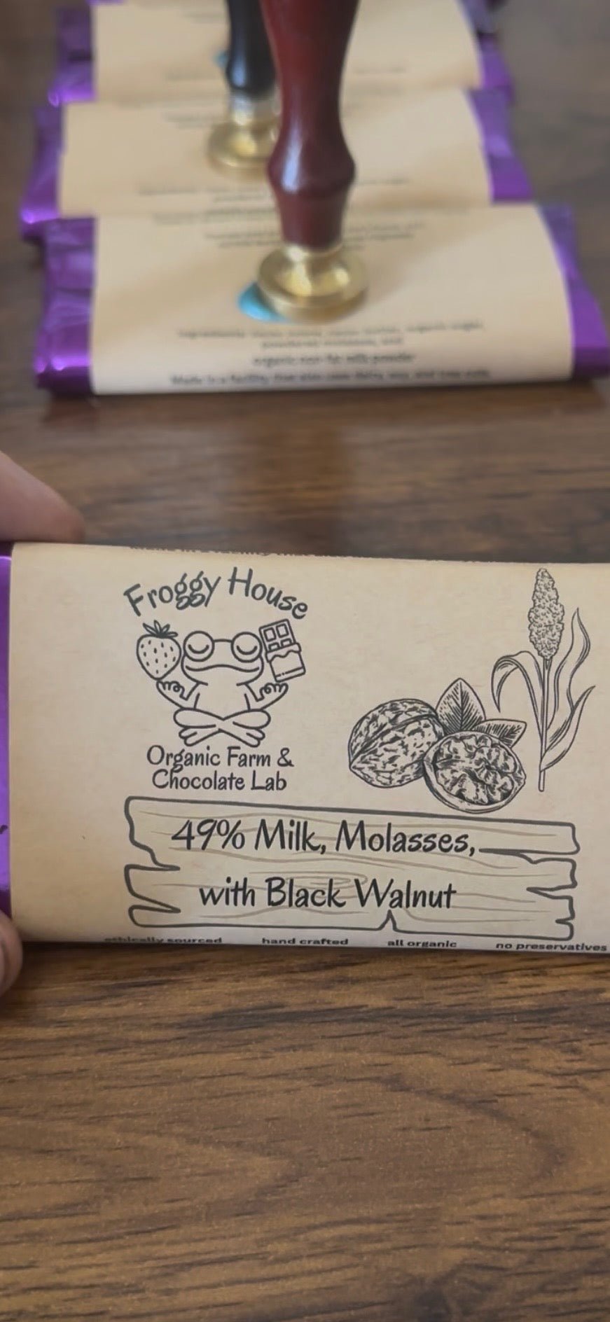 49% Milk, Molasses and Black Walnut - Froggy House Organic Farm and Chocolate Factory